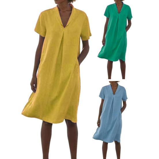 Summer Midi Dress for Women Casual Short Sleeve Flowy Sundress Loose Fit V-Neck Beach Vacation Outfits with Pockets