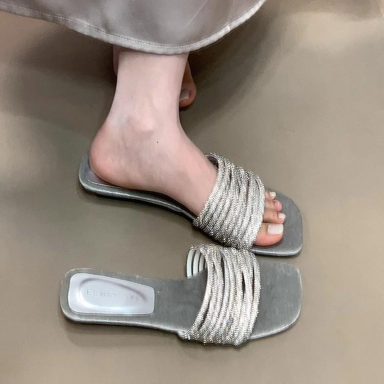 Gentle version~ Fashion one-word slippers women's summer wear lazy rhinestones sweet low-heeled open-toed sandals high-end sense