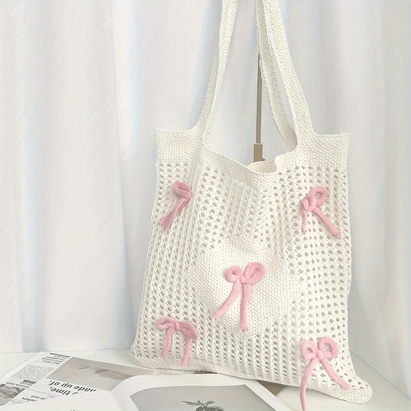 Chic Butterfly Heart Pattern Crochet Tote Bag Large Capacity Fashionable Knit Shoulder Handbag For Women Perfect For Beach Style Gift Casual розовый 1290₽