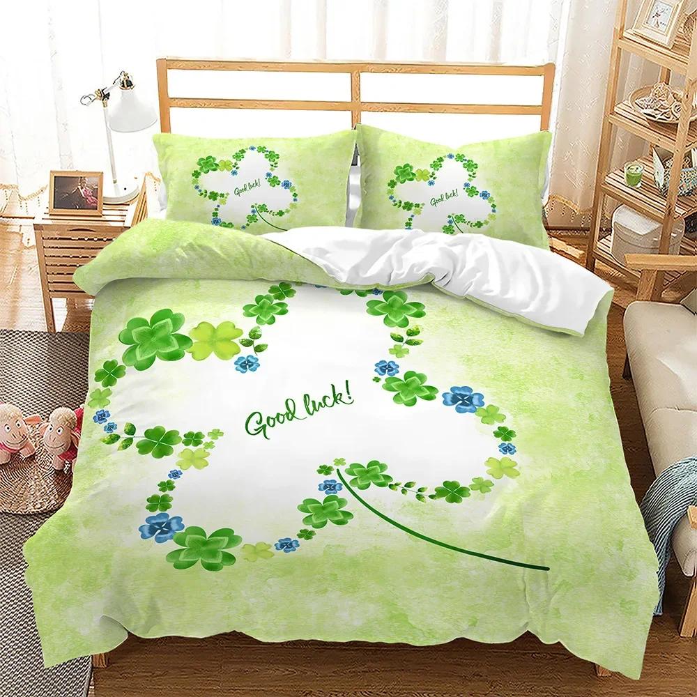 Lucky Green Leaves Four Leaf Shamrock Clover Comfortable Duvet Quilt Cover Pillowcase Bedding Set Children Bedroom Home Textile