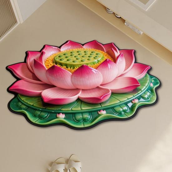 3D Lotos Fußmatte Realistische Blume Wohnzimmerteppich Waschbar Rutschfeste Teppich für Zuhause Meditationsraum Schlafzimmer Dekoration