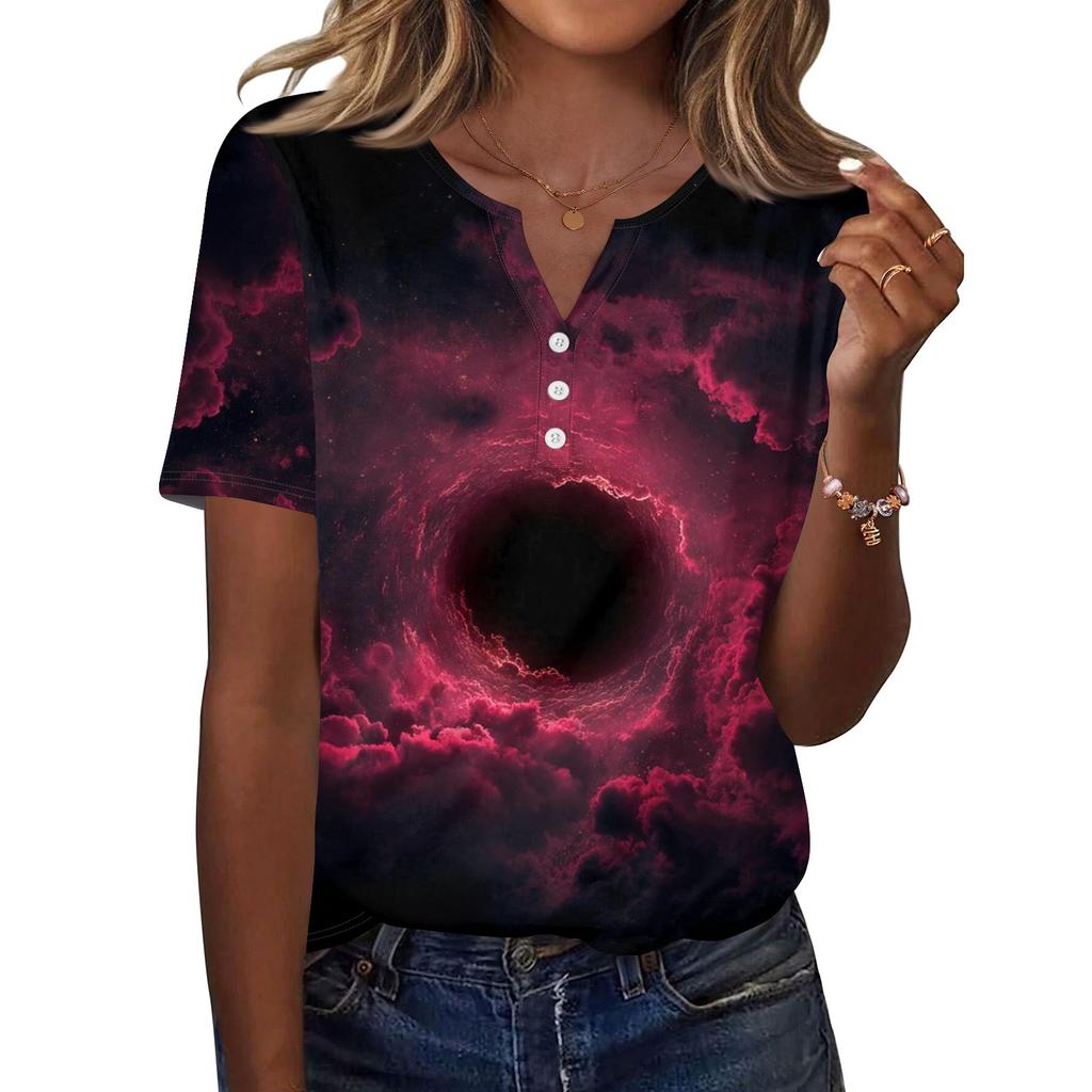 Damska Koszulka z Nadrukiem Guziki Krótki Rękaw Codzienna Weekendowa Moda Podstawowy Dekolt V Regularny Top