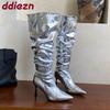 Mode Mode Plissierte Damen Kniehohe Stiefel mit Dünnen Absätzen Schuhe Spitzschuh Damen Moderne Stiefel Slipper Damenschuhe