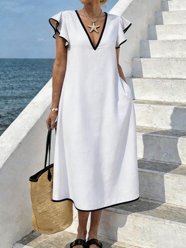 2026 New Cross-border Clear Color Temperament Commuter V-Neck Bohemian Loose Large Size Pocket Long Dress S белый