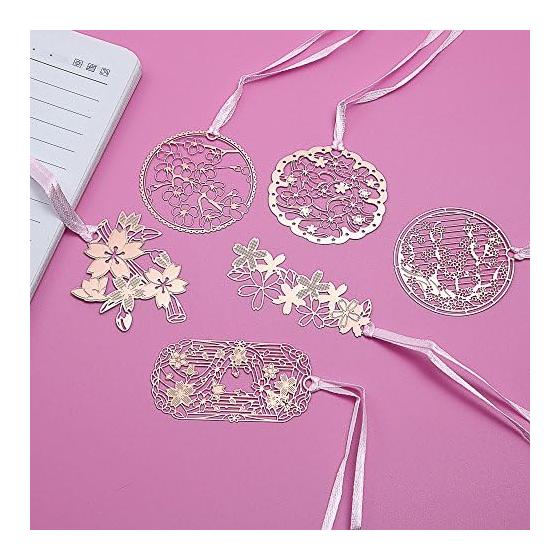 Set of 6 Metal Bookmarks with Cherry Blossom Motif, Elegant Gold Plated Lace and Ribbon Design, Animal Silhouette, Perfect for Readers and Gifts,