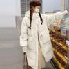 Damen Lange Leichte Daunenjacke Herbst Winter Kapuze Locker Gerade Weiß Entendaunenmantel Stehkragen Große Tasche Einfarbig