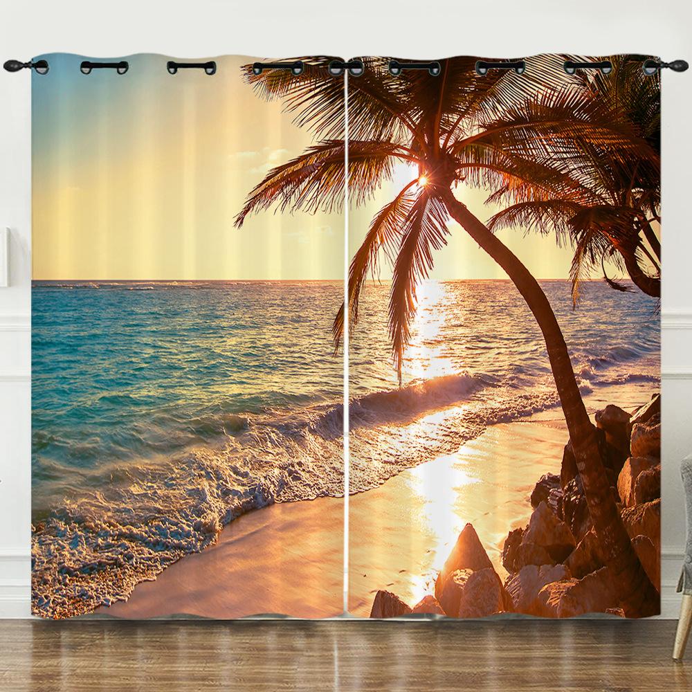 Curtain Summer Coconut Tree Sunset Landscape 3D Digital Printing Blackout Curtain Punching