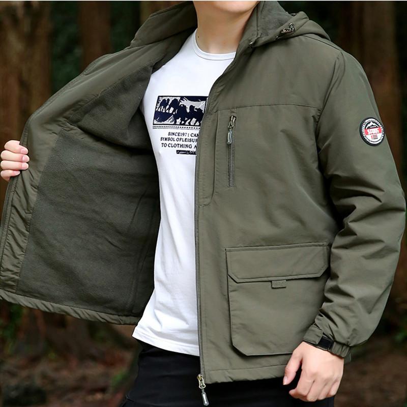 Outdoor Windbreak Jacket For Men Fleece Liner Warm Waterproof Hooded Jacket Multi Pocket Casual Jacket Coat Winter Male Clothing