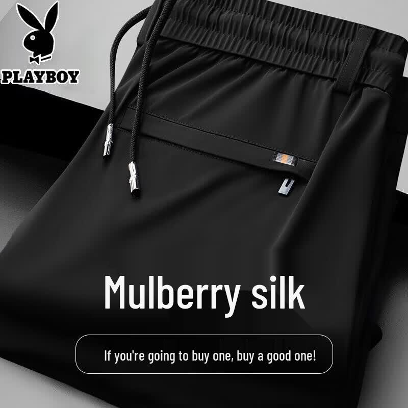 PLAYBOY Men s Summer Silk Blend Elastic Waist Straight-Leg Pants 5XL чёрный