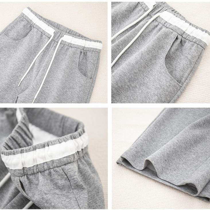 Grey Double Color Waist Sports Pants Women's Spring Autumn Casual Straight Leg Sweatpant Spliced Elastic Waistband Wide Leg Pants
