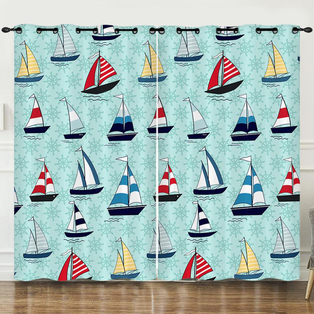Curtains Cartoon Sailing Digital Printing Blackout Curtains Bedroom No Punching
