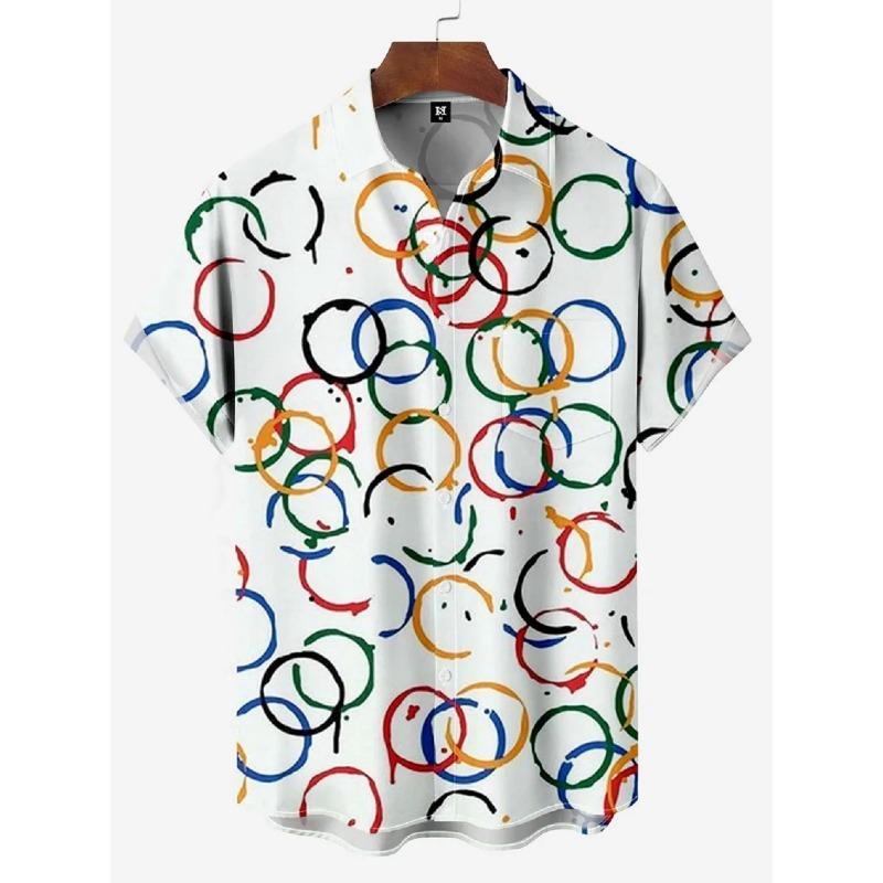 Men's Shirts Summer Hawaiian Casual Seaside Beach Tops Cartoon Planet Rocket Print Button Short-sleeve Oversized Shirts Chemise