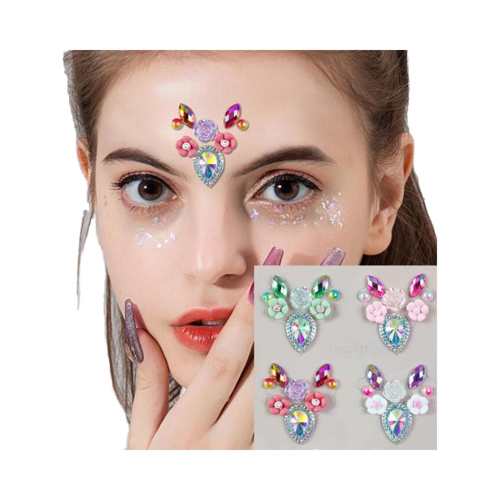 Festival Party Body Art Temporary Tattoo Sticker Set Rhinestone Face Gem & Rainbow Flower Jewels Adhesive for Body Decorations