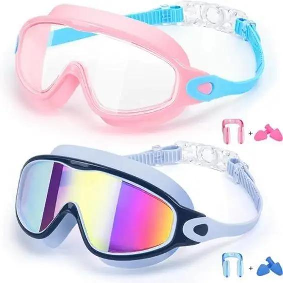 2 Pack Anti-Fog Anti-UV Swimming Goggles HD Diving Goggles with Earplugs Anti Choking Women Men Large Frame Silicone Swim Ggles