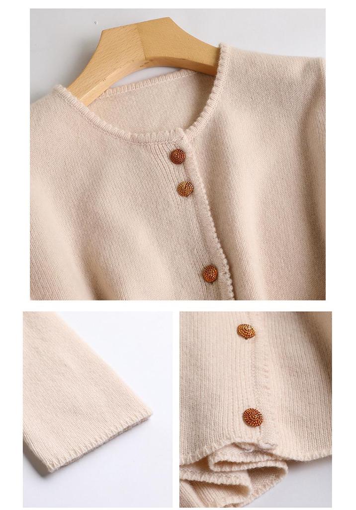 Women's Round Neck Wool Cardigan - Autumn/Winter Solid Color, Versatile & Temperament, Seven-Needle Thick Knit Sweater