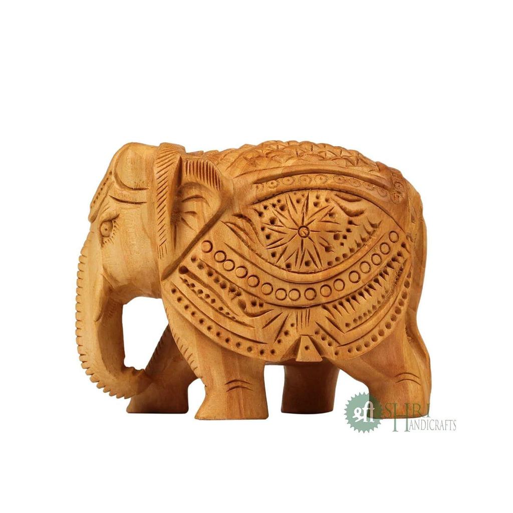 Wood Elephant Pair Down Trunk Statue Carving Figurine Showpiece for Home Decor(Set of 2, Brown)