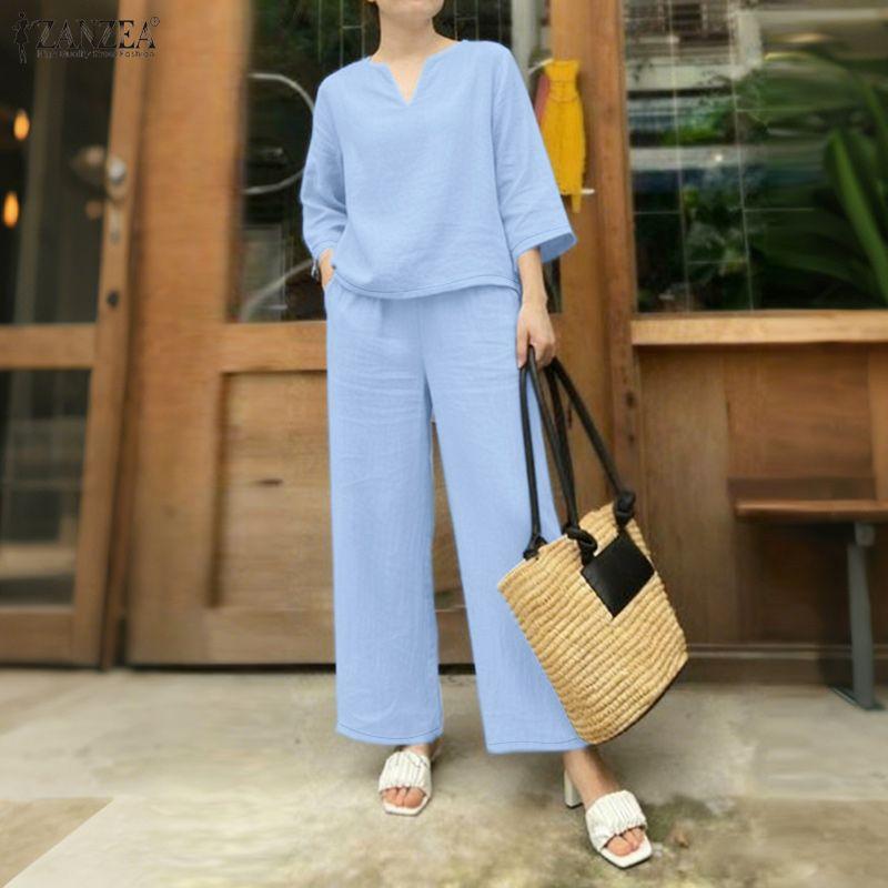 

ZANZEA Женские повседневные комплекты из блузки и брюк с рукавом 3/4 из двух предметов S синий