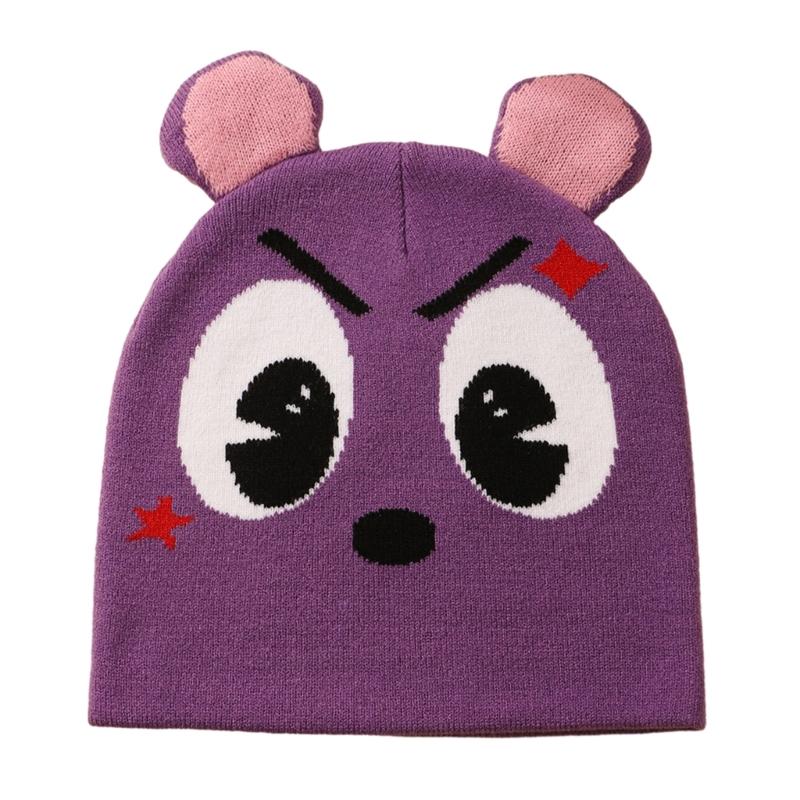 Punk Teenager Mütze Strickmütze mit Jacquard Cartoon Muster Skimütze mit kleinem Ohr