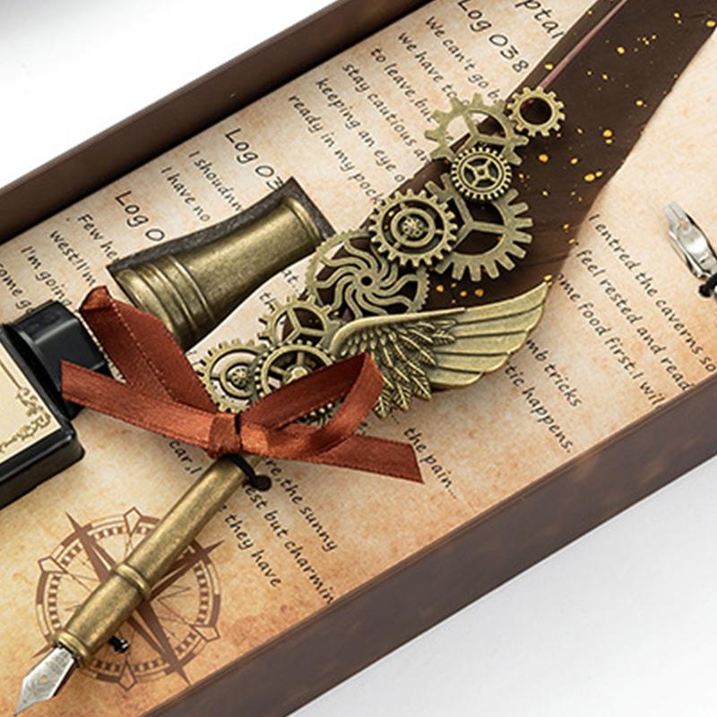 Quill Pen Sealing Wax Stamp Set Retro European Style Stainless Steel Nib Quill Pen and Ink Set Brown
