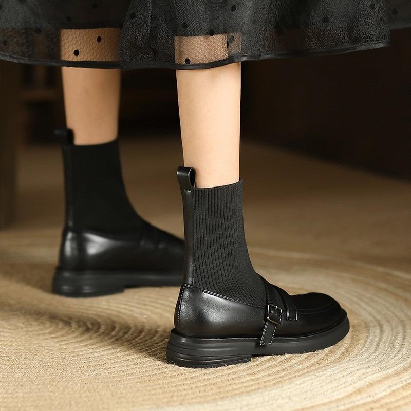 Skinny Socks Booties Women's Fashion Autumn New Round Toe Paneled Knit Stretch British Leather Shoes