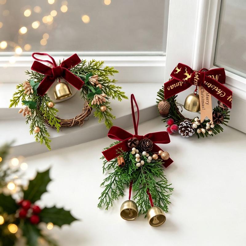 Christmas Jingle Bells Door Hanger Ornament Velvet Bow Pine Cone Bell Pendants For Christmas Decoration Christmas Gift Noel