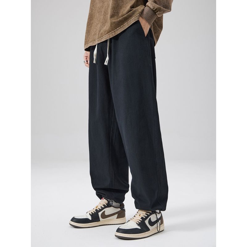 51 Hip-Hop Vintage Style Fleece-Lined Pants for Men, Winter Thickened Trendy Brand Sports Style Solid Color Casual Straight-Leg Jogger Pants