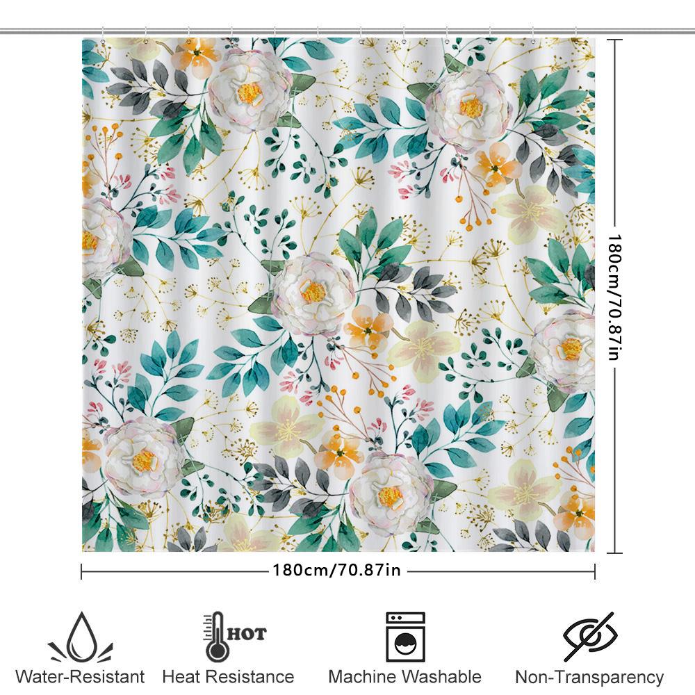 White Floral Shower Curtain Modern Bath Decor With Green Leaves Washable Fabric For Bathroom Various Sizes Available
