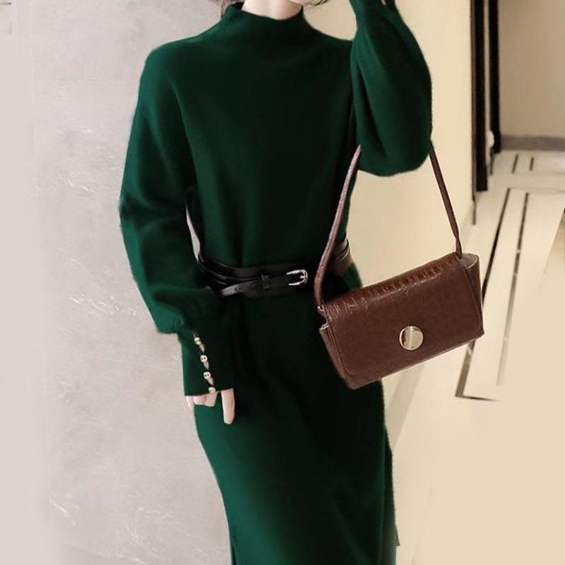 With Coat Split Bottom Sweater Dress Women's Autumn and Winter Semi-turtleneck Knitted Skirt High-end Long Dress