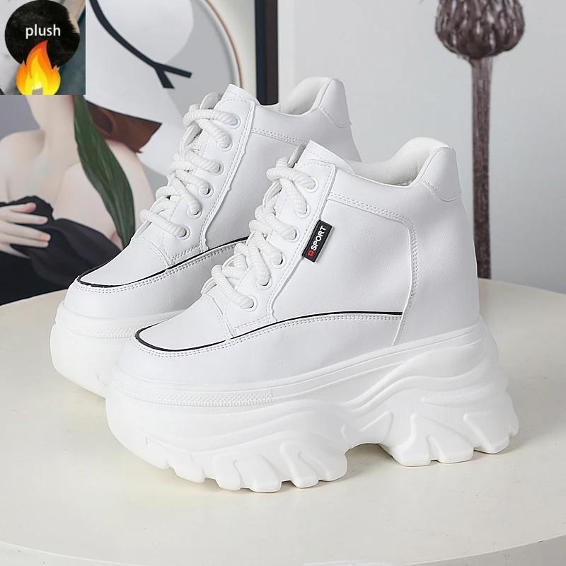 Fashion Autumn winter Women High Top Leather Shoes Platform Wedge Sneakers Chunky Shoes Hidden Heel 12CM White Black Women Casual Shoes