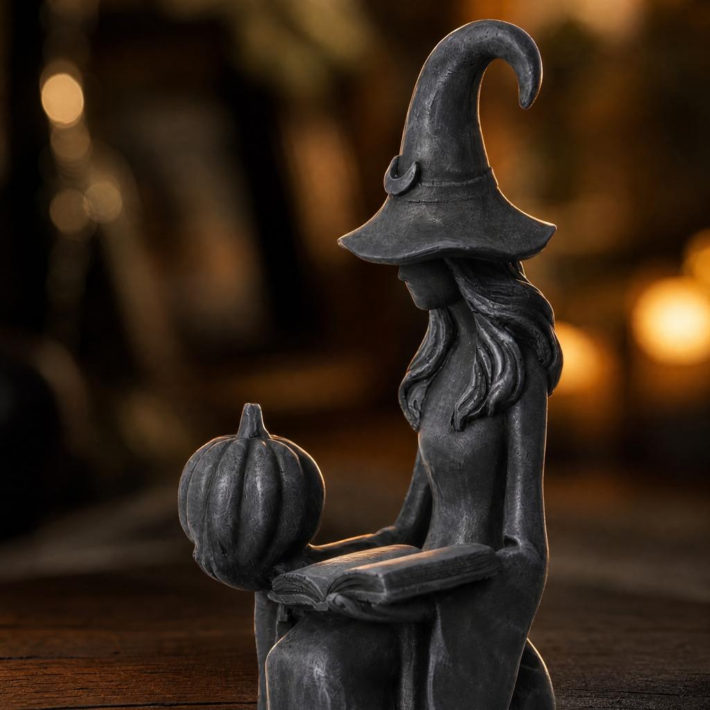 Halloween Tabletop Decoration - Black Witch Holding Book and Pumpkin Figurine for Holiday Decor