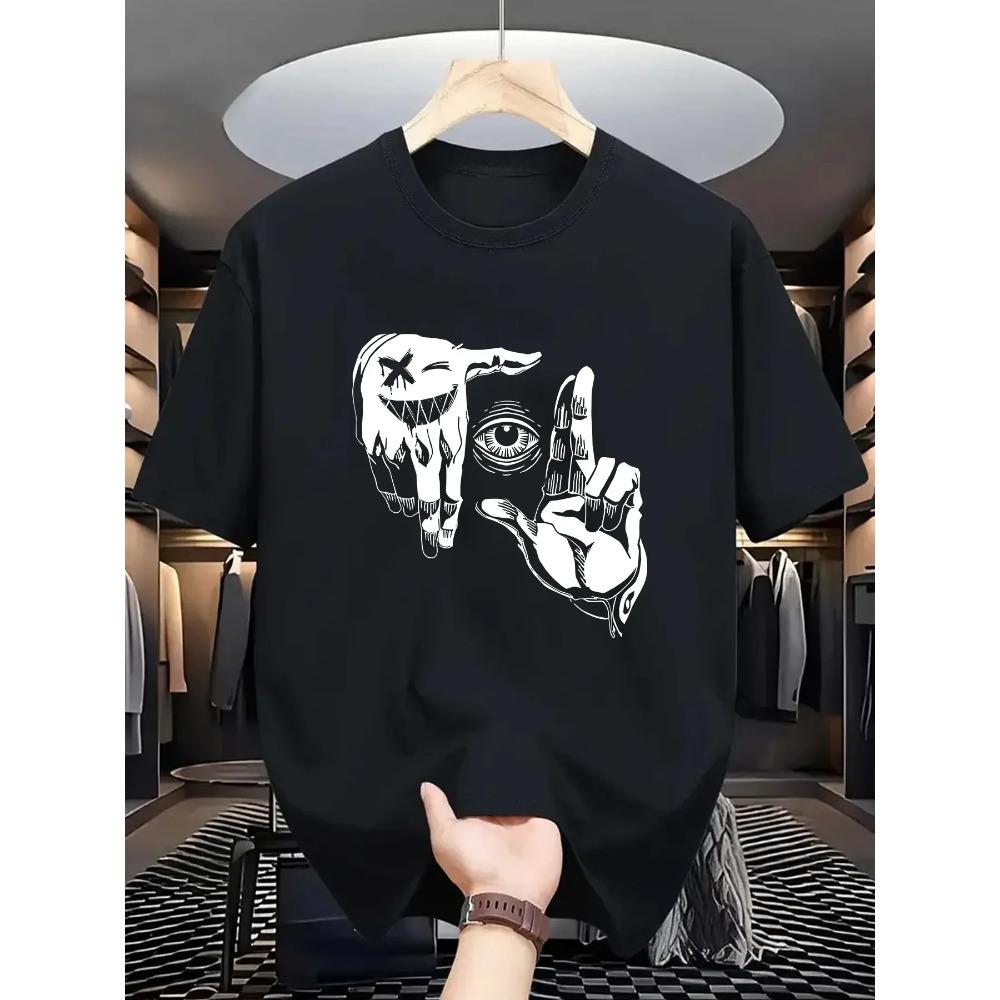 Summer Men's 100% Pure Cotton Casual Loose Plus Size Gesture Eye Personalized Pattern Printed Round Neck Short Sleeved T-shirt