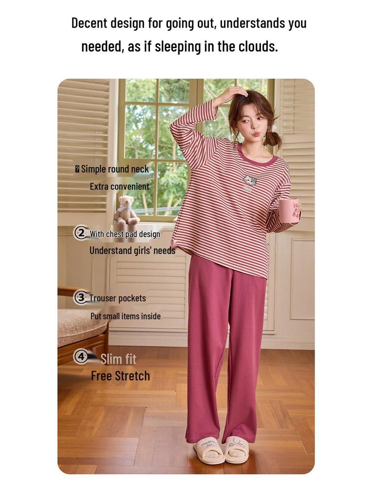 Women's Long-Sleeve Sweet Cartoon Homewear Set with Built-in Bra Pads - Spring/Autumn Cotton