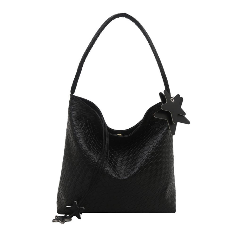 

Star Pendant Pu Handbag Large Capacity Silver Shoulder Bag Casual Weave Tote Bag Outdoor чёрный