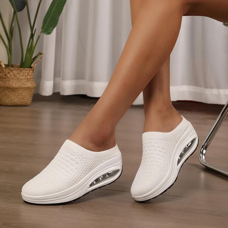 Nuevas Sandalias de Mujer Mules de Malla Zapatos Transpirables Color Sólido Casual Slip-on Zapatillas con Plataforma Zapatos Transpirables para Mujer Zapatos Casuales