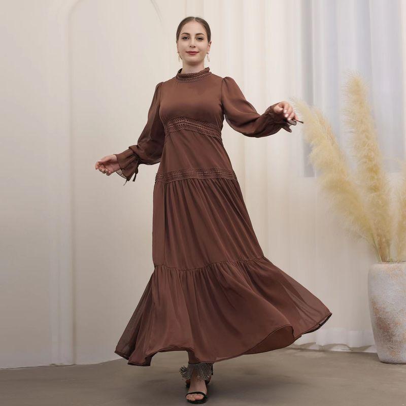 

New Arrival Lace Lacework round-Neck Long Sleeves Waist-Tight Silm Dress round Neck Waist up Dress Coffee S