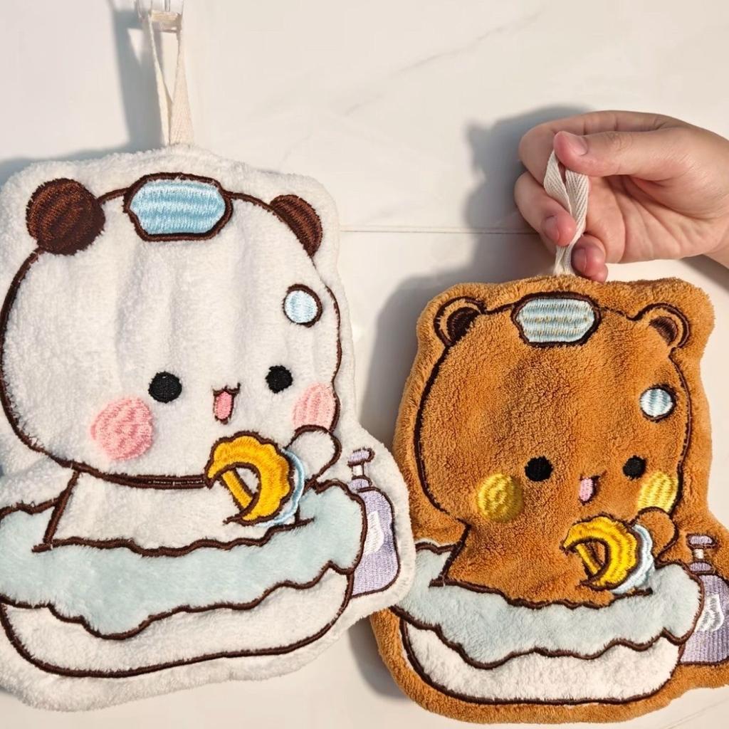 Cute Panda Bubu Dudu Cartoon Hand Towel Soft Bear Double Layer Thick Absorbent Coral Fleece Hanging Towel for Home and Travel