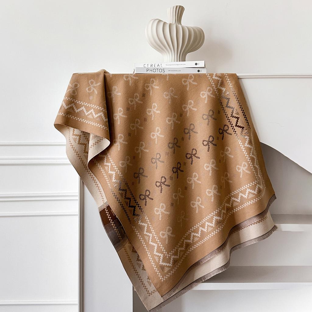 Autumn And Winter Bow Presbyopia Scarf Women'S Warm Color Matching Imitation Cashmere Scarf Double-Sided Air Conditioner Shawl