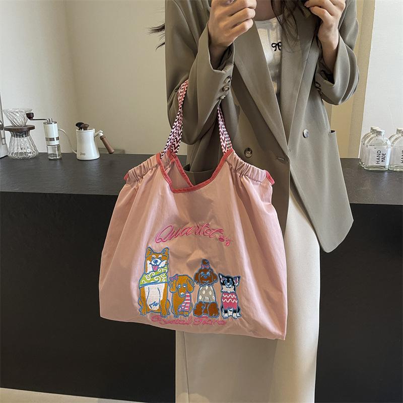 Cartoon Cute Embroidery Bag Women's Spring and Autumn Shopping Bag Casual Portable Shoulder Bag Simple and Versatile Large Capacity