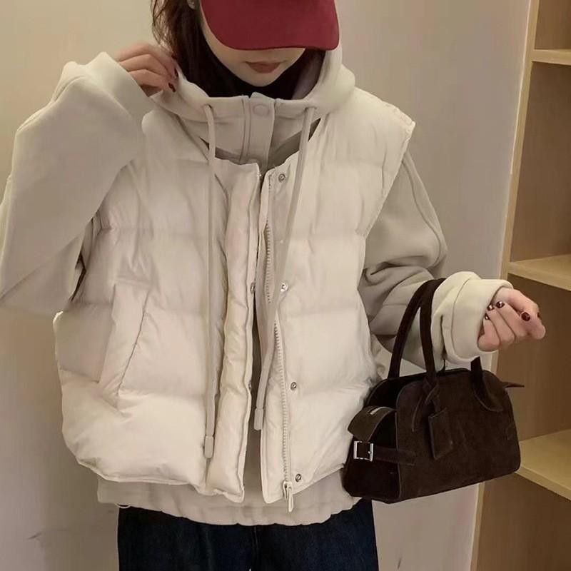 

2025 winter white duck down stand-up collar down vest + casual down hooded sweater two-piece fashion suit tide One Size білий