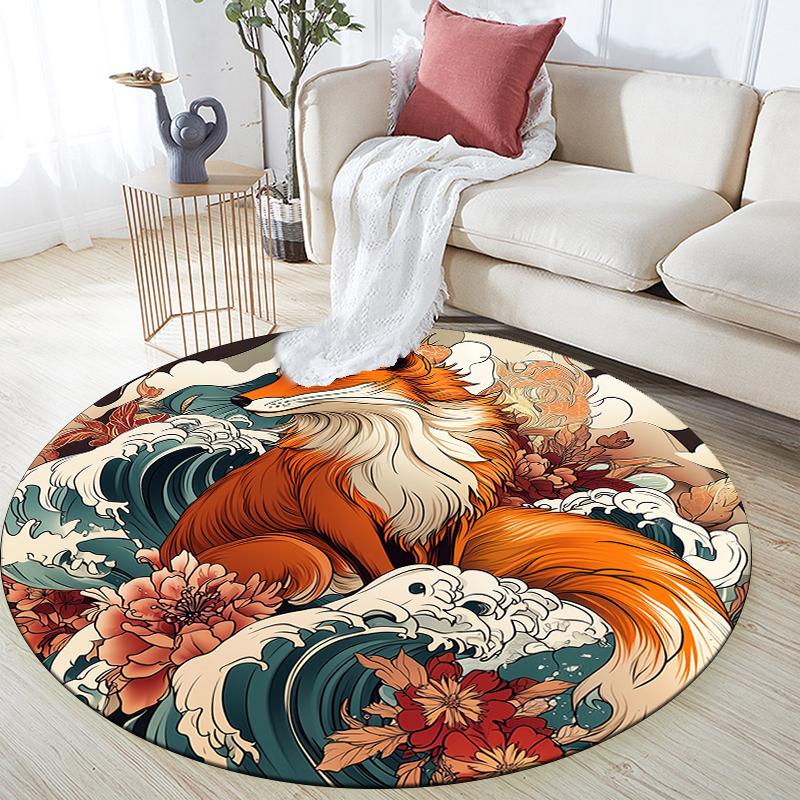 Fox pattern round rug,Carpet Rug for Living Room Bedroom Sofa Playroom Decor,Non-slip Floor Mat,Holiday Gifts and Birthday Gifts