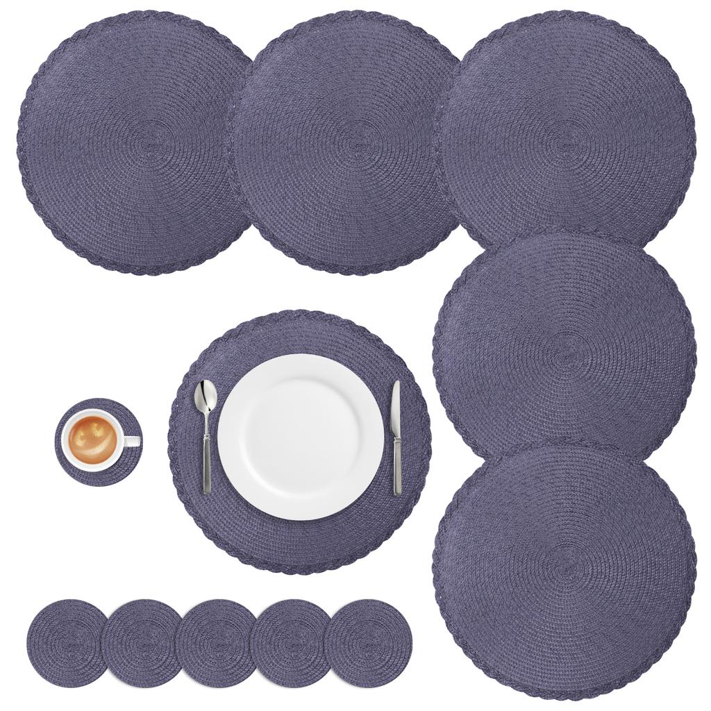 Set of 6 Round Braided Placemats Table Mats Woven Non-Slip Dining Table Heat Resistant Bowl Pads Kitchen Drink Cup Coasters