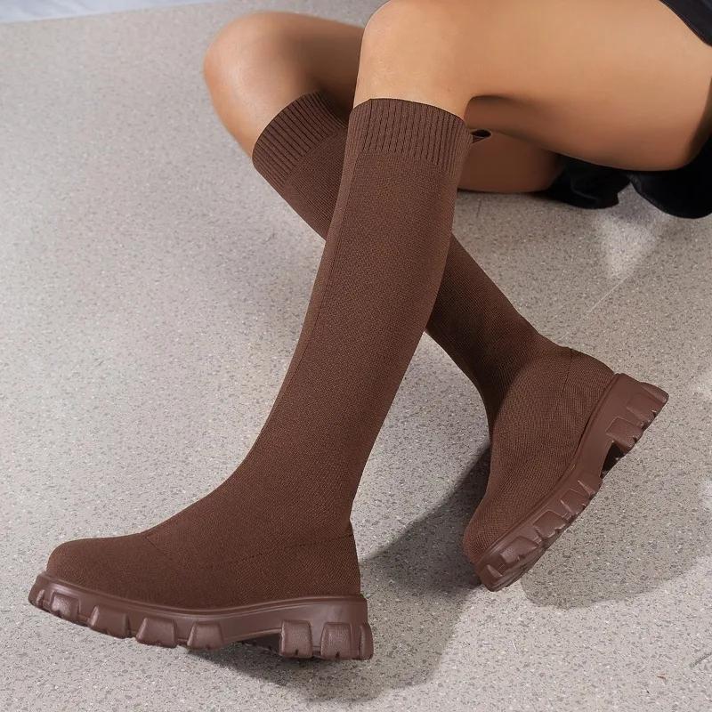 Fashion Thick Sole Knitted Long Boots for Women Fashion Elastic Socks Shoes Boots Over Knee Round Toe Low Heels Botas De Mujer 2024