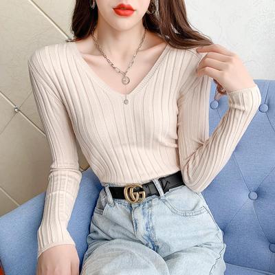 Autumn Winter Inner Slim Long Sleeve Pullover Core Yarn Sweater Women's V Neck Pit Bottoming Tops