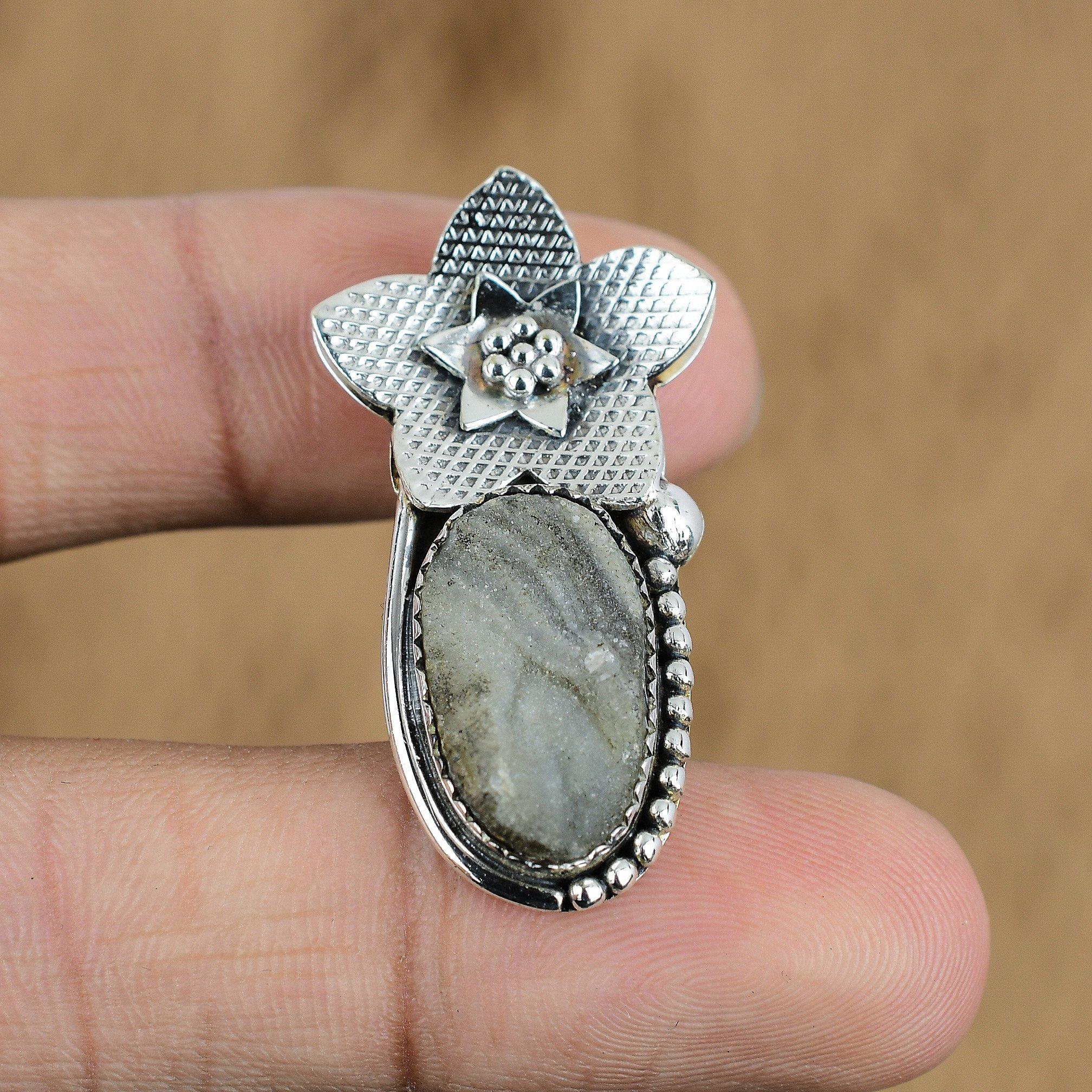 

Birthday Gift For Her Natural Geode Agate Druzy Pendant Flower 925 Silver