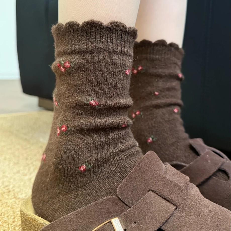 Coffee Floral Vintage Wool Socks - Women's Mid-Calf, Thick Warm for Autumn/Winter, Dark Gray Slouch for Snow Boots