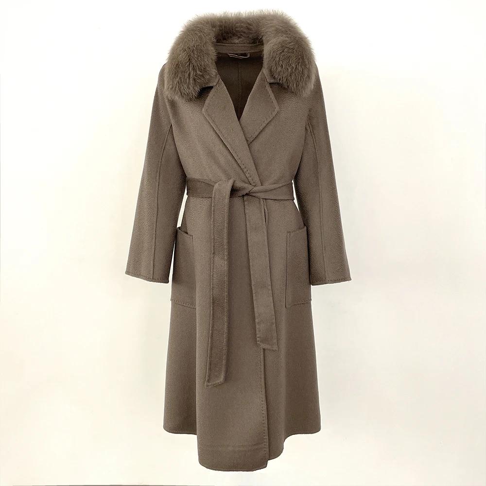 OFTBUY 2024 Autumn Winter Real Fox Fur Collar Water Ripple Double-Sided Woolen Coat Women Long Coat 100% Wool Removable Fur Collar