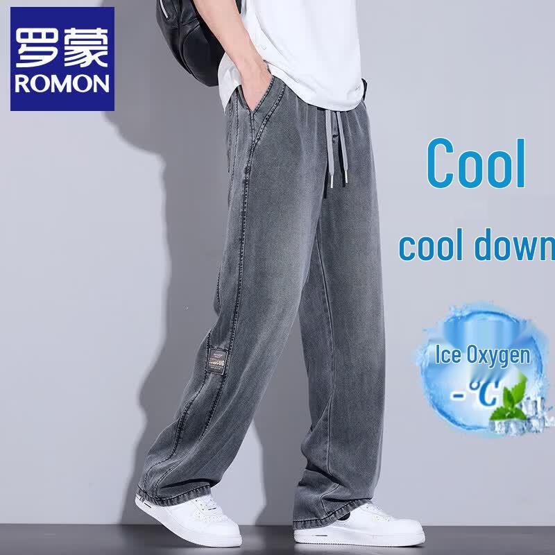 ROMON Men s Summer Ice Silk Loose Straight Casual Jeans 4XL