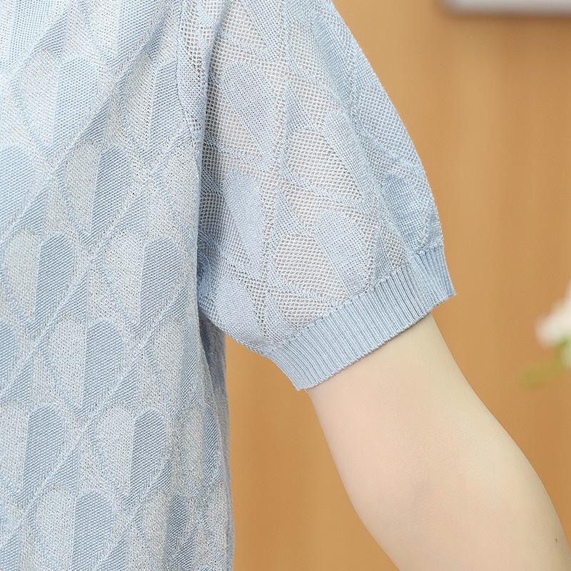 2025 Summer Ice Silk Cool Knit Short Sleeve Top for Middle-Aged & Elderly Women