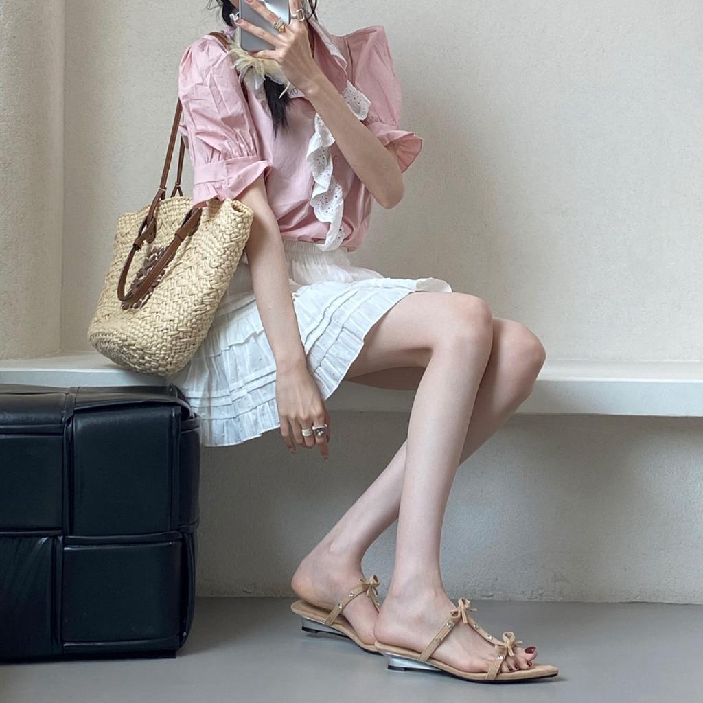 New retro bow pointed head soft leather soft sole small slope heel heightening shoes half drag cool slippers