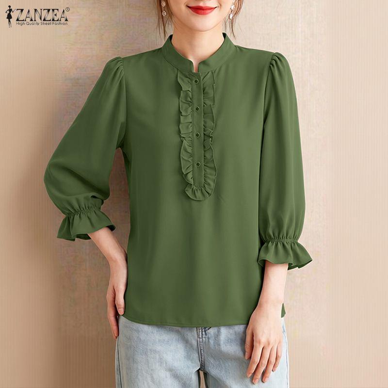 ZANZEA Women Casual Stand Collar Solid Color Loose 3/4 Sleeve Blouse